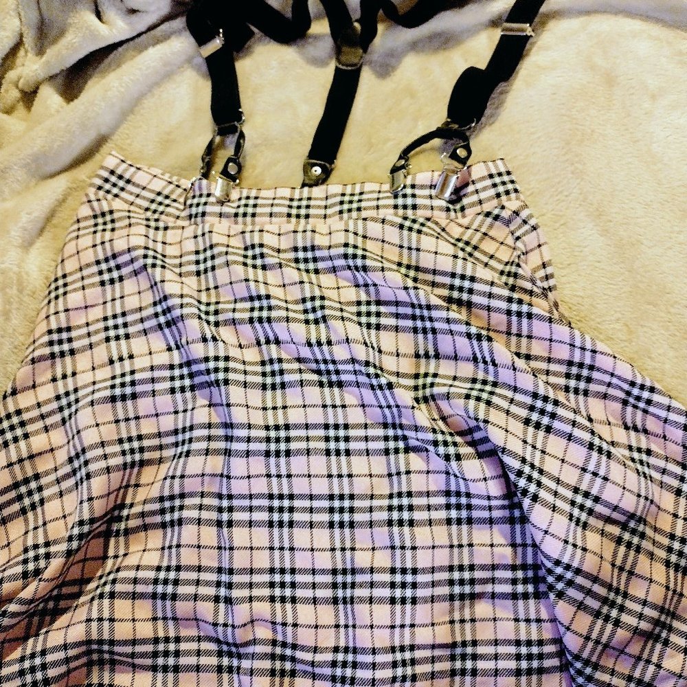 Hot Topic Pink Plaid Suspender Skirt